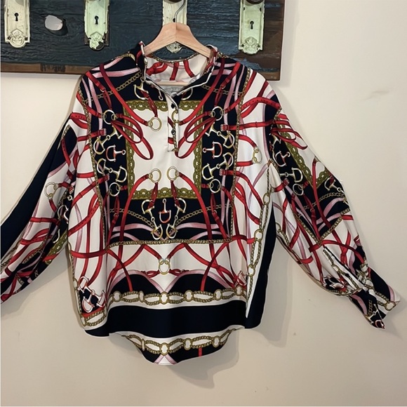 Zara Equestrian Chains and Harness Print Blouse Size Large - Picture 9 of 15